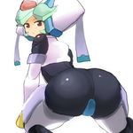  1girl aqua_hair armor artist_request ass bodysuit capcom expressionless from_behind helmet huge_ass looking_at_viewer looking_back pandora_(rockman) red_eyes rockman rockman_zx shiny shiny_clothes sketch solo 