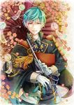  1boy aqua_hair armor cape cherry_blossoms gloves ichigo_hitofuri japanese_armor kaya_(hydego) male_focus military military_uniform necktie open_mouth oriental_umbrella petals smile sode touken_ranbu umbrella uniform white_gloves wind_chime yellow_eyes 