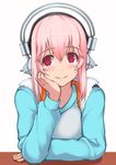  1girl breasts chin_rest deni_m hand_on_own_chin headphones large_breasts long_hair looking_at_viewer nitroplus pink_hair red_eyes smile solo super_sonico 