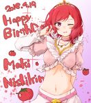  1girl ;d araco birthday character_name crop_top english happy_birthday looking_at_viewer love_live!_school_idol_project midriff navel nishikino_maki one_eye_closed open_mouth purple_eyes red_hair short_hair smile tomato 