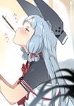  1girl blue_hair blush headgear kantai_collection long_hair mouth_hold murakumo_(kantai_collection) pocky remodel_(kantai_collection) sidelocks solo super_zombie twitter_username 