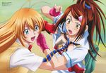  2girls absurdres antenna_hair bachou_mouki blonde_hair blue_eyes brown_hair fingerless_gloves gloves gotou_junji hair_ornament hairpin happy highres huge_filesize ikkitousen ikkitousen_xtreme_xecutor long_hair multiple_girls necktie open_mouth sonsaku_hakufu surprised yellow_eyes 