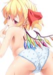  1girl ass blonde_hair breasts flandre_scarlet hair_ribbon looking_at_viewer looking_back panties polka_dot polka_dot_panties red_eyes ribbon sideboob solo sushoyushi sweat tongue tongue_out topless touhou underwear underwear_only wings 
