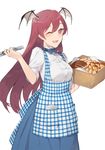  1girl apron blush bread checkered dirndl food german_clothes hayashi_kewi head_wings koakuma long_hair one_eye_closed open_mouth picnic_basket pocket red_eyes red_hair short_sleeves simple_background smile solo touhou underbust white_background 