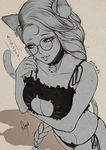  1girl animal_ears artist_name bell blush braid breasts cat_cutout cleavage cleavage_cutout collar collarbone glasses jingle_bell lips long_hair looking_to_the_side low-tied_long_hair magion02 monochrome navel shiny shiny_skin solo tail very_long_hair 