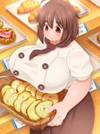  1girl ahoge bakery blush bread breasts brown_hair bursting_breasts huge_breasts hurimaro_metayaki plump red_eyes short_hair solo standing thick_eyebrows 