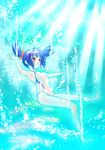  1girl blue_hair competition_swimsuit freediving highres kurimuzon one-piece_swimsuit original red_eyes short_hair solo swimsuit twintails underwater 