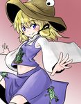  1girl artist_request blonde_hair eyes frog frog_print gradient gradient_background hat highres long_sleeves moriya_suwako navel purple_eyes purple_skirt pyonta skirt smile solo touhou turtleneck white_legwear wide_sleeves 