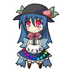  1girl :3 black_hat blue_dress blue_hair blush boots brown_boots chibi cross-laced_footwear dress female food food_on_head fruit fruit_on_head full_body hat hinanawi_tenshi keystone kuga_takuto lace-up_boots leaf long_hair object_on_head peach puffy_short_sleeves puffy_sleeves red_eyes short_sleeves simple_background smile solo touhou white_background 