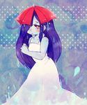  1girl ameonna_(youkai_watch) blue_skin blush dress hair_over_one_eye long_hair purple_hair rurunankonanta solo umbrella white_dress youkai youkai_watch 