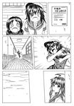  ahoge bangs blunt_bangs candy eyepatch hair_between_eyes hallway hat height_difference hug jacket kantai_collection kiso_(kantai_collection) kuma_(kantai_collection) lifting_person lollipop long_hair maru-yu_(kantai_collection) monochrome neckerchief open_mouth school_uniform serafuku shino_(ponjiyuusu) translation_request window 