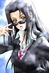 1girl black_hair breasts formal long_hair looking_over_glasses monster_musume_no_iru_nichijou ms._smith necktie s-now signature solo suit sunglasses upper_body yellow_eyes 
