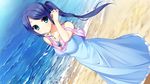  1girl adjusting_hair bare_shoulders beach blue_eyes blue_hair breasts dress floating_hair fumio_(ura_fmo) game_cg hatsuru_koto_naki_mirai_yori highres long_hair looking_at_viewer ocean outdoors parted_lips pendant side_ponytail solo standing water wind 