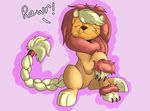  2015 applejack_(mlp) blonde_hair costume earth_pony english_text equine eyes_closed feline female feral friendship_is_magic fur hair horse inkybeaker lion mammal my_little_pony orange_fur pink_background pony simple_background smile solo text whiskers 
