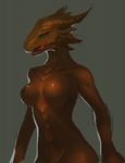  2016 anthro black_sclera blue_eyes breasts brown_horn brown_scales dragon featureless_breasts female grey_background hawkilla hi_res horn licking licking_lips nude open_mouth scales scalie simple_background solo teeth tongue tongue_out 