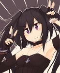  1girl amano_kouki arm_cuffs armpits bare_shoulders black_dress black_gloves black_hair bracelet choker closed_mouth cross double_v dress elbow_gloves fingerless_gloves flat_chest gloves jewelry kaginoni long_hair necklace note-chan purple_eyes simple_background smile solo twintails v 