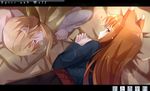  2girls animal_ears bed brown_eyes brown_hair english highres holo lingyan_heiye long_hair looking_at_viewer lying multiple_girls nora_arento red_eyes sparkle spice_and_wolf wolf_ears 
