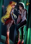  2girls aino_minako ass bare_legs bishoujo_senshi_sailor_moon black_bra black_hair black_jacket blonde_hair blue_eyes blush boots bow bra breasts brown_shoes buttons carrying_over_shoulder cherry_in_the_sun cleavage collarbone door earrings from_behind from_side hair_bow hand_on_hip high_heel_boots high_heels hino_rei jacket jacket_removed jewelry legging leggings lips long_hair long_sleeves midriff moonlight multiple_girls navel night open_clothes open_door open_shirt outdoors pillar pleated_skirt red_bow red_shoes red_skirt shade shirt shoes skirt sleeve_cuffs standing stomach thighs unbuttoned underwear upskirt very_long_hair walk-in walking white_shirt yuri zipper 