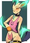  anthro chest_tuft clothed clothing collar eeveelution erection leafeon looking_at_viewer male naomy nintendo one_eye_closed penis pok&eacute;mon simple_background smile solo spiked_collar tapering_penis tuft video_games wide_hips 