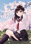  1girl black_legwear black_skirt branch brown_eyes cherry_blossoms flower grass hand_on_own_head highres kneehighs light_smile long_sleeves original outdoors petals pleated_skirt pov school_uniform serafuku sitting skirt solo tree yukimaru217 