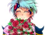  1boy blue_hair blush bouquet ceodore_harvey closed_eyes earrings eyes_closed final_fantasy final_fantasy_iv final_fantasy_iv_the_after flower himuro_(harusame_zensen) jewelry leaf portrait rose simple_background solo white_background 