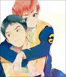  1boy 1girl black_hair blue_eyes brown_eyes brown_hair hug hug_from_behind izumi_noa kidou_keisatsu_patlabor odmk police shinohara_asuma short_hair uniform 