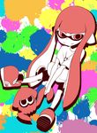  1girl bike_shorts buki56 domino_mask highres inkling limited_palette long_hair mask multicolored_background paint_splatter pointy_ears red_eyes red_hair shirt shoes smile sneakers splatoon squid t-shirt tentacle_hair 