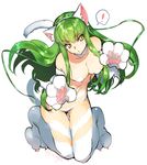  ! 1girl animal_ears breasts c.c. cat_ears cat_paws cat_tail cleavage code_geass cosplay creayus fake_animal_ears felicia felicia_(cosplay) green_hair long_hair looking_at_viewer pasties paws simple_background solo spoken_exclamation_mark tail thighhighs twitter_username vampire_(game) white_background white_legwear yellow_eyes 