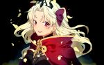 bangs black_bow black_dress blonde_hair bow cape commentary dress earrings ereshkigal_(fate/grand_order) fate/grand_order fate_(series) hair_bow high_collar infinity jewelry light_blush light_particles lips long_hair looking_at_viewer oono_imo open_mouth parted_bangs petals red_cape red_eyes skull smile solo spine standing tiara two_side_up upper_body wind 
