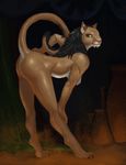  2016 anthro anus bent_over black_hair breasts brown_claws brown_fur butt claws fangs featureless_breasts feline female fur green_eyes hair half-closed_eyes hand_on_butt hawkilla hi_res long_hair mammal nude pink_nose raised_tail side_boob smile solo toe_claws white_fur 
