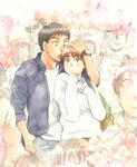  black_hair brown_hair cherry_blossoms couple hetero highres izumi_noa kidou_keisatsu_patlabor long_hair shinohara_asuma short_hair traditional_media ususionorisio watch watercolor_(medium) wristwatch 