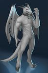  2016 abs angry anthro black_claws black_horn blue_background blue_eyes chain claws collar dragon featureless_crotch hawkilla hi_res horn looking_at_viewer male membranous_wings muscular nude scales scalie sharp_teeth simple_background solo teeth toe_claws white_scales wings 