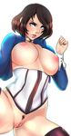  1girl bioshock bioshock_infinite black_legwear blue_eyes breasts brown_hair choker corset elizabeth_(bioshock_infinite) highres large_breasts lips open_clothes open_shirt parted_lips pubic_hair puffy_nipples pussy shadow shirt short_hair simple_background solo spread_legs superboin thighhighs thighs uncensored white_background 