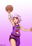  1girl :o absurdres alternate_costume arm_up armpits ball bangs bare_shoulders basketball basketball_uniform bike_shorts blush clothes_writing cowboy_shot fang flat_chest gradient gradient_background highres holding jumping kantai_collection kashisu_mint lavender_hair looking_up national_basketball_association number outstretched_arm purple_background purple_hair purple_shirt red_eyes shirt short_hair solo sports_bra sportswear sweat tama_(kantai_collection) tank_top toronto_raptors twitter_username tyrannosaurus_rex wristband 