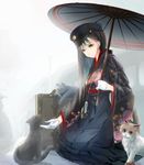  1girl black_hair brown_eyes cat gloves hat japanese_clothes kikivi long_hair oriental_umbrella original umbrella 