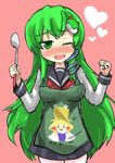  1girl apron frog_hair_ornament gaoo_(frpjx283) green_eyes green_hair hair_ornament highres kochiya_sanae ladle long_hair moriya_suwako school_uniform serafuku snake_hair_ornament solo touhou very_long_hair 