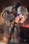 1girl absurdres ass black_hair blush boots breasts bullet caitlyn_(league_of_legends) gloves gun hat high_heel_boots high_heels highres hung_wan_yu league_of_legends leaning_forward lips long_hair looking_at_viewer looking_back petals rifle rose_petals shaco skirt thighs top_hat weapon yellow_eyes 
