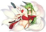  1girl ahri ahri_(cosplay) animal_ears artist_name bangs bell black_shoes breasts c.c. cleavage closed_mouth code_geass creayus detached_sleeves expressionless fetal_position fingernails fox_ears fox_tail full_body green_hair head_tilt jingle_bell kemonomimi_mode kneehighs korean_clothes league_of_legends legs_up long_fingernails long_legs long_sleeves multiple_tails shoes simple_background solo tail tassel thighs tsurime white_background white_legwear yellow_eyes 