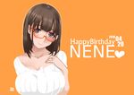  1girl 2016 anegasaki_nene aoi_manabu blush breasts brown_eyes brown_hair character_name cleavage collarbone dated glasses hand_on_own_chest happy_birthday jewelry large_breasts looking_at_viewer love_plus mole mole_under_eye red-framed_glasses ribbed_sweater ring smile solo sweater upper_body 