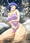  blue_hair breasts cleavage collarbone eyepatch green_eyes highres ikkitousen large_breasts onsen open_mouth outdoors purple_towel ryomou_shimei short_hair snow solo thighhighs 
