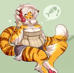  2016 anthro big_breasts braided_hair breasts buxbi_(character) clothed clothing feline female fireflufferz fur green_background hair hand_on_breast keyhole_turtleneck long_hair mammal mane one_eye_closed orange_fur overweight pawpads signature simple_background sitting slightly_chubby solo striped_fur striped_tail stripes sweater thick_thighs tiger voluptuous white_hair wide_hips yellow_eyes 