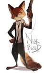  2016 anthro canine clothed clothing disney english_text fox green_eyes gun half-closed_eyes looking_away male mammal necktie nick_wilde ranged_weapon seoji shock_collar simple_background solo standing text weapon white_background zootopia 
