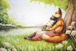  anthro canine clothed clothing duo female fox male male/female mammal outside smile topless traditional_media_(artwork) woadedfox 