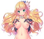  1girl blonde_hair blush breasts cleavage dungeon_and_fighter floating_hair flower gauntlets green_eyes hair_flower hair_ornament hands_on_own_chest highres knight_(dungeon_and_fighter) long_hair looking_at_viewer navel neck_ribbon nipples nude parted_lips pointy_ears ranken ribbon solo sweat upper_body 