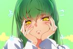  1girl blush c.c. code_geass creayus green_background green_hair hands_on_own_face long_hair looking_at_viewer parted_lips saliva simple_background solo yandere_trance yellow_eyes 