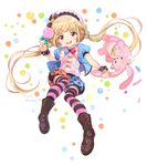  1girl blonde_hair candy futaba_anzu hat idolmaster idolmaster_cinderella_girls idolmaster_cinderella_girls_starlight_stage inzup lollipop long_hair solo striped striped_legwear stuffed_animal stuffed_bunny stuffed_toy thighhighs twintails 