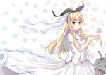  >_< 1girl absurdres aqua_eyes blonde_hair closed_eyes dress highres jayce_(shinmai) kantai_collection long_hair rensouhou-chan shimakaze_(kantai_collection) solo veil wedding_dress 