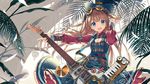  1girl blue_eyes brown_hair cleavage_cutout dress goggles goggles_on_head guitar hat highres instrument key kurobuta_gekkan long_hair looking_at_viewer open_mouth original smile solo steampunk 