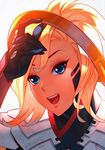  1girl blonde_hair blue_eyes face high_ponytail mechanical_halo mercy_(overwatch) nakanoart open_mouth overwatch short_hair smile solo 