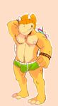  armpit_hair barefoot beanie body_hair bowser briefs bulge chest_hair clothing covered_eyes front_view fvorte grin happy_trail hat koopa male mario_bros navel nintendo nipples pecs plantigrade raised_arm scalie shell solo standing underwear video_games 